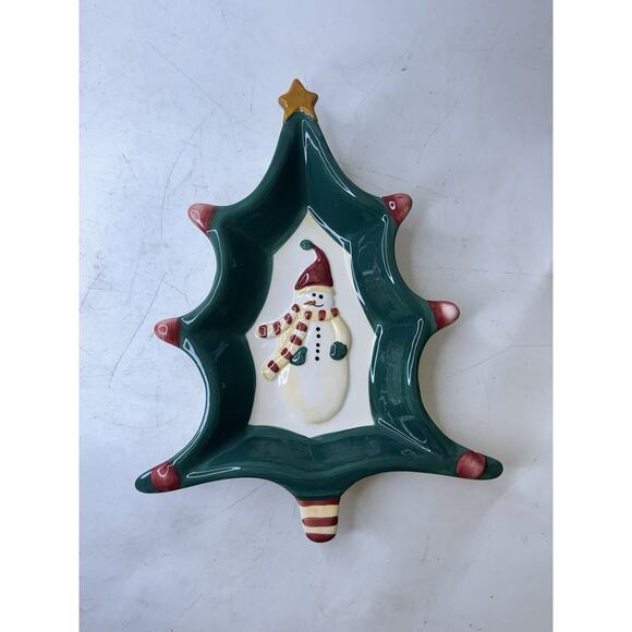 Vintage Christmas Tree-Shaped Candy Dish Spoon Snowman Hand Painted ND Exclusive - Picture 1 of 5